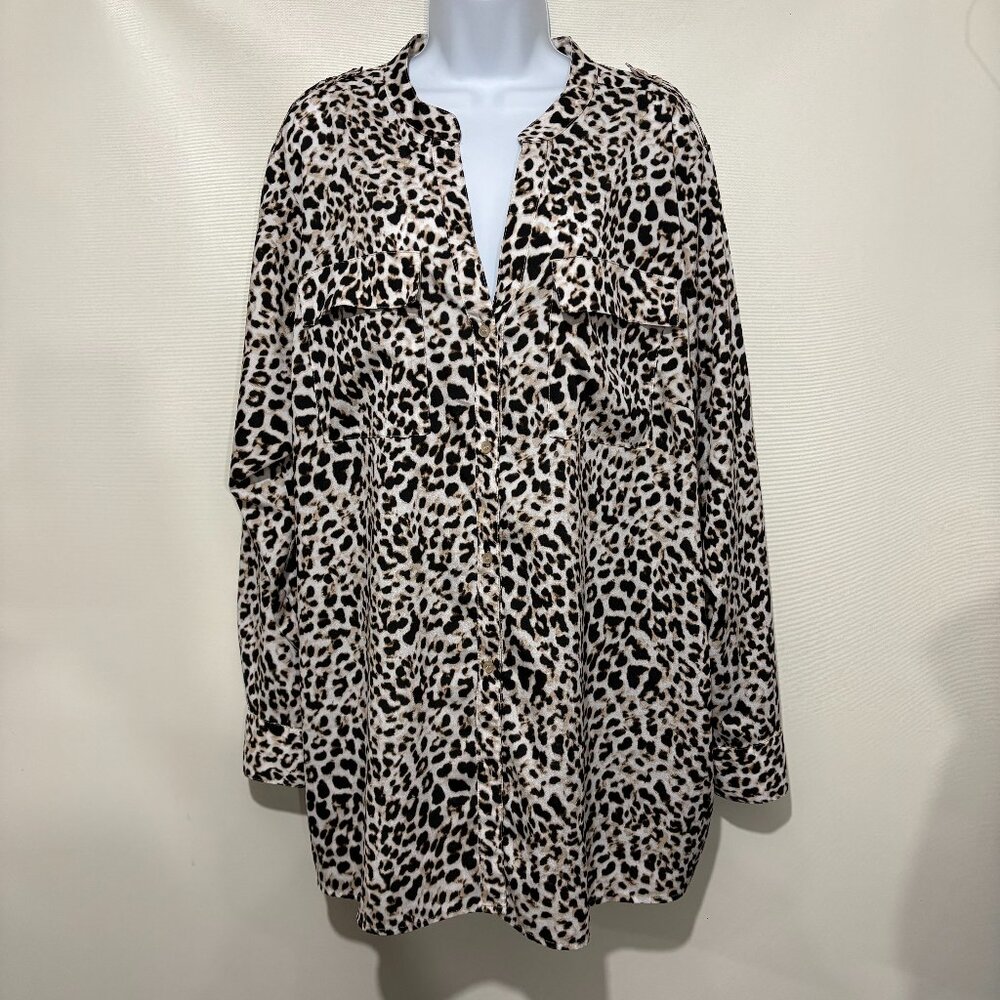 Calvin Klein 2X Leopard Animal Print Button-Front Tunic Top V-Neck Long-Sleeve